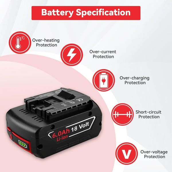 Til Bosch Professional 18V, erstatningsbatteri Li‑ion 6.0Ah (6000mAh), kompatibel med BAT609/BAT610/BAT618/BAT619/GBA 18V, sort