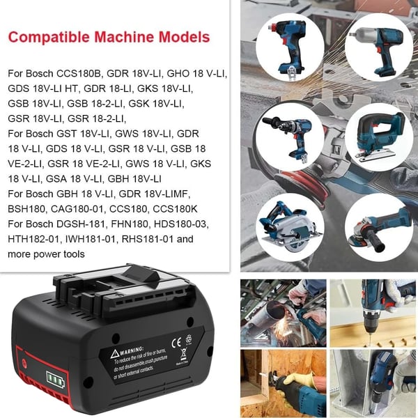 Til Bosch Professional 18V, erstatningsbatteri Li‑ion 6.0Ah (6000mAh), kompatibel med BAT609/BAT610/BAT618/BAT619/GBA 18V, sort