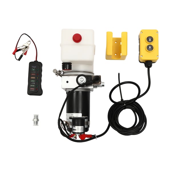 Hydraulaggregat - Tippvagnspump - 12V Elektrisk - Ensteg - Lågtryck - EU-kontakt - För Hydraulolja - Vit
