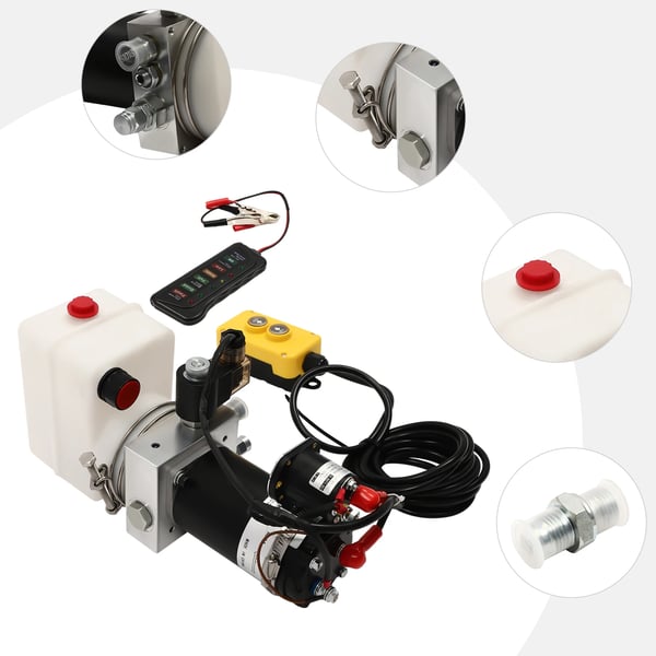 Hydraulikaggregat - Tipvognspumpe - 12V Elektrisk - En-trins - Lavtryk - EU-stik - Til Hydraulikolie - Hvid