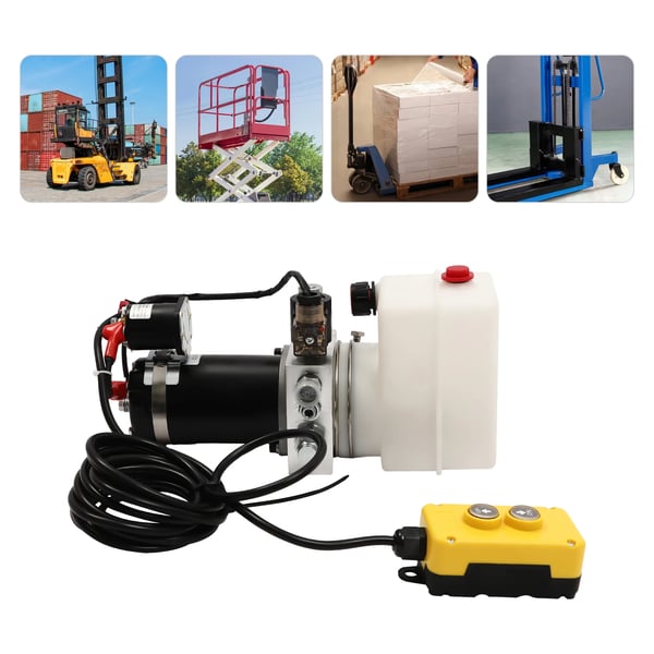 Hydraulikaggregat - Tipvognspumpe - 12V Elektrisk - En-trins - Lavtryk - EU-stik - Til Hydraulikolie - Hvid