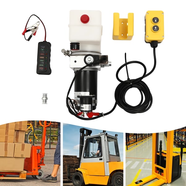 Hydraulikaggregat - Tipvognspumpe - 12V Elektrisk - En-trins - Lavtryk - EU-stik - Til Hydraulikolie - Hvid