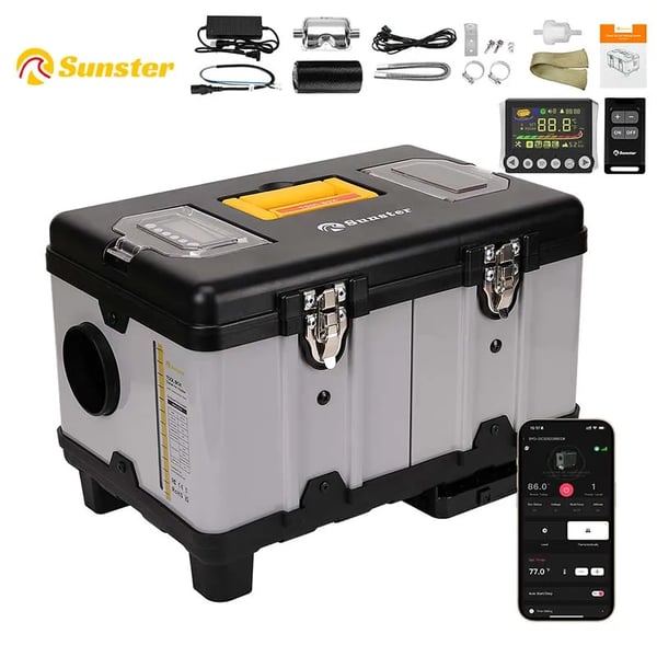 Diesel ilma-/pysäköintilämmitin - Työkalulaatikko TB10 - 8 kW - 12/24 V DC & 110–240 V AC - Plateautila - LCD/Kaukosäädin/Bluetooth - Harmaa
