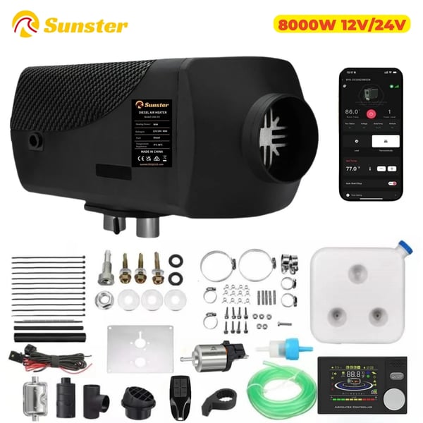 Diesel ilmalämmitin - 8 kW 12V/24V kannettava - Bluetooth, LCD & kaukosäädin - 35 dB hiljainen - 10 L säiliö - 20–25 m² - Musta