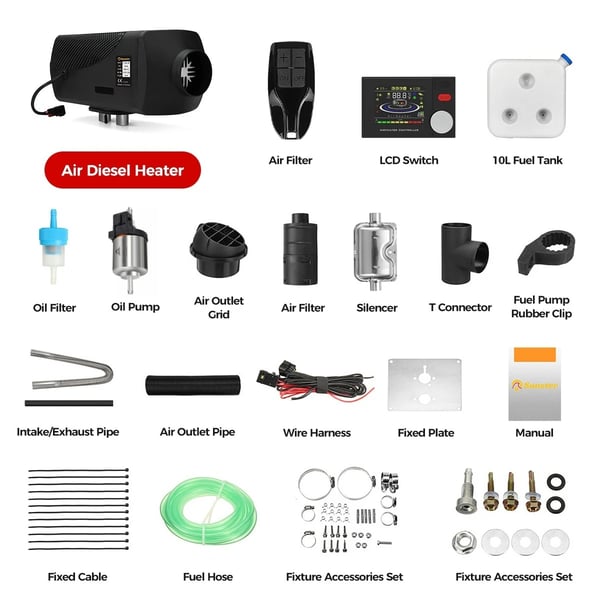 Diesel ilmalämmitin - 8 kW 12V/24V kannettava - Bluetooth, LCD & kaukosäädin - 35 dB hiljainen - 10 L säiliö - 20–25 m² - Musta