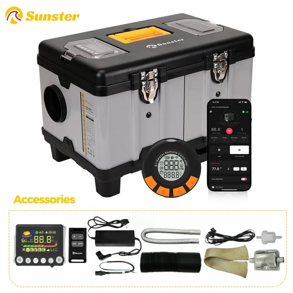 TB10 Pro - Diesel luftvarmer - 8 kW - 12/24 V DC & 110–240 V AC - CO-alarm - Plateau-tilstand - LCD/Fjernbetjening/Bluetooth - Ventilationstilstand