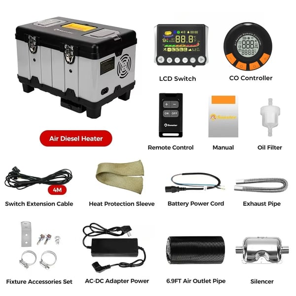 TB10 Pro - Diesel-ilmalämmitin - 8 kW - 12/24 V DC ja 110–240 V AC - CO-hälytys - Korkean paikan tila - LCD/Kaukosäädin/Bluetooth - Tuuletustila