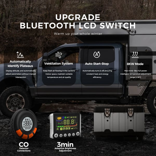 TB10 Pro - Diesel-ilmalämmitin - 8 kW - 12/24 V DC ja 110–240 V AC - CO-hälytys - Korkean paikan tila - LCD/Kaukosäädin/Bluetooth - Tuuletustila