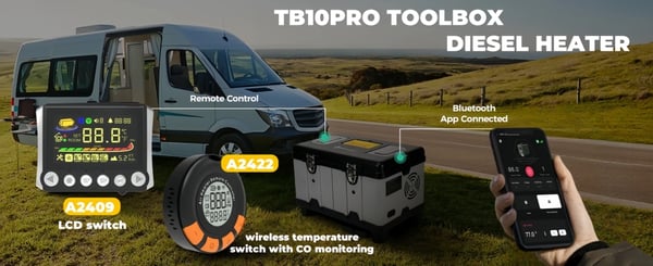 TB10 Pro - Diesel-ilmalämmitin - 8 kW - 12/24 V DC ja 110–240 V AC - CO-hälytys - Korkean paikan tila - LCD/Kaukosäädin/Bluetooth - Tuuletustila