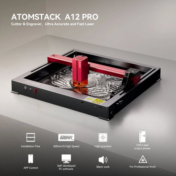 A12Pro, lasergraveringsmaskine, 12 W laser, 370×310 mm arbejdsområde, udvidbar, monteringsfri, til DIY-gravering og -skæring
