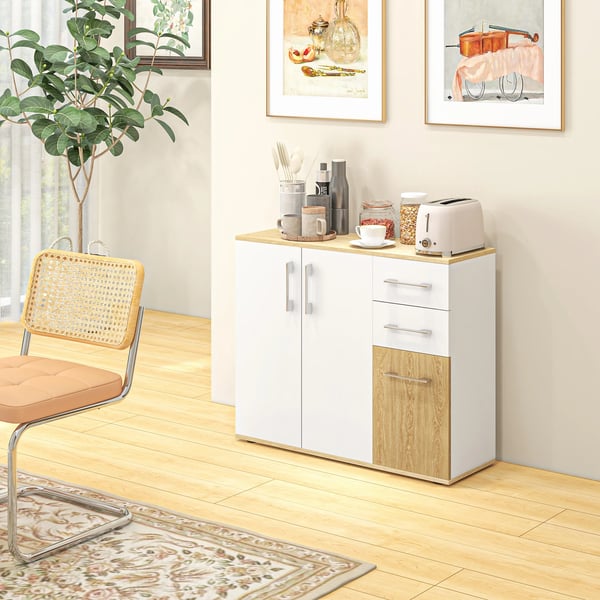 Sideboard skänk - Vardagsrumsskåp - 2 Lådor, 90x30x75,5 cm, Melamin, Modern Minimalistisk, Självmontering - Vit