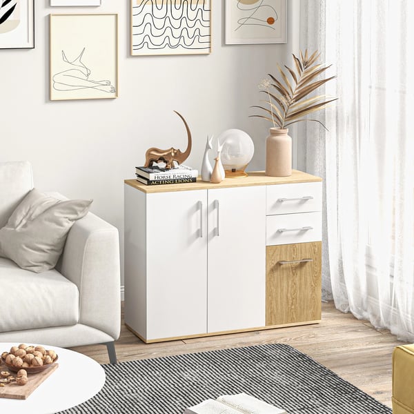 Sideboard skänk - Vardagsrumsskåp - 2 Lådor, 90x30x75,5 cm, Melamin, Modern Minimalistisk, Självmontering - Vit