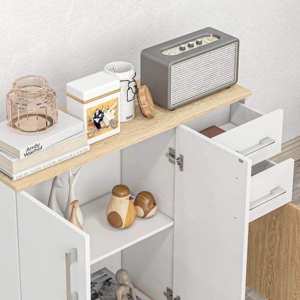 Sideboard skänk - Vardagsrumsskåp - 2 Lådor, 90x30x75,5 cm, Melamin, Modern Minimalistisk, Självmontering - Vit
