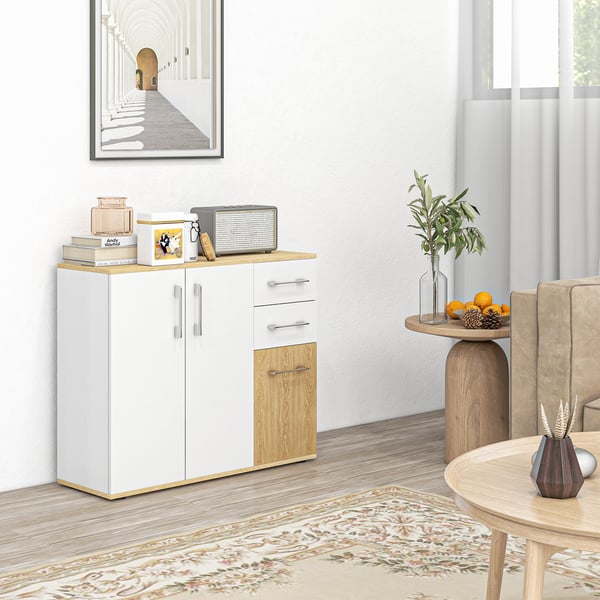 Sideboard skänk - Vardagsrumsskåp - 2 Lådor, 90x30x75,5 cm, Melamin, Modern Minimalistisk, Självmontering - Vit