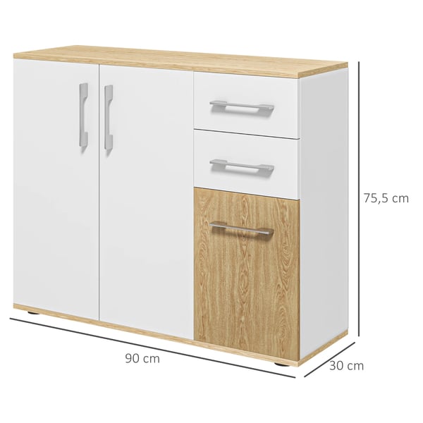 Sideboard skänk - Vardagsrumsskåp - 2 Lådor, 90x30x75,5 cm, Melamin, Modern Minimalistisk, Självmontering - Vit