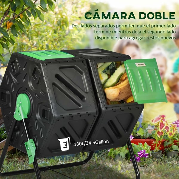 Trädgårdskompost - Roterande komposttumbler - Dubbelkammare - 130 l - Metall - 67 x 60 x 77 cm - Svart