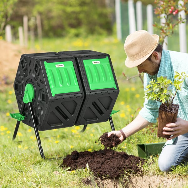 Trädgårdskompost - Roterande komposttumbler - Dubbelkammare - 130 l - Metall - 67 x 60 x 77 cm - Svart