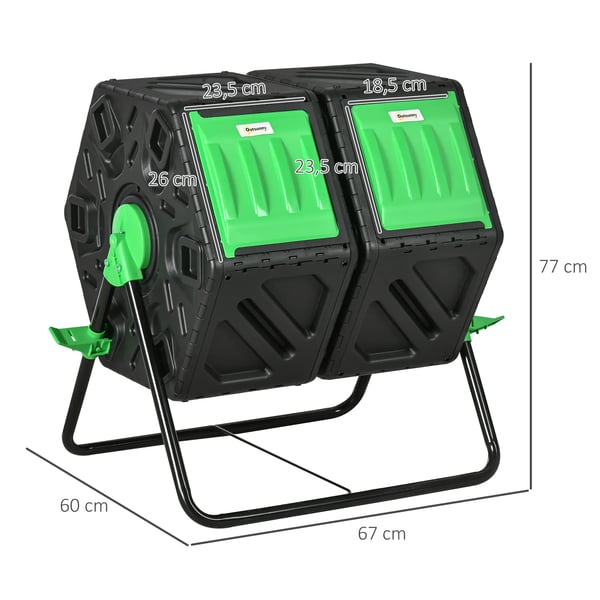 Trädgårdskompost - Roterande komposttumbler - Dubbelkammare - 130 l - Metall - 67 x 60 x 77 cm - Svart