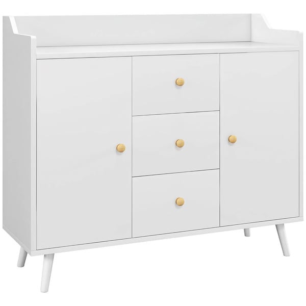 Sideboard för vardagsrum - Skänk - 2 Dörrar - 3 Lådor - 90x32x80 cm - Melamin - Modern minimalistisk - Vit