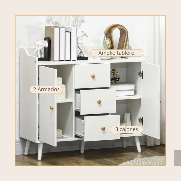 Sideboard för vardagsrum - Skänk - 2 Dörrar - 3 Lådor - 90x32x80 cm - Melamin - Modern minimalistisk - Vit
