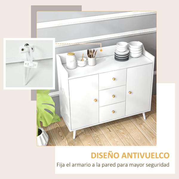 Sideboard för vardagsrum - Skänk - 2 Dörrar - 3 Lådor - 90x32x80 cm - Melamin - Modern minimalistisk - Vit
