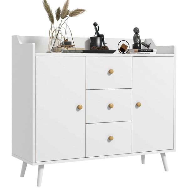 Sideboard för vardagsrum - Skänk - 2 Dörrar - 3 Lådor - 90x32x80 cm - Melamin - Modern minimalistisk - Vit