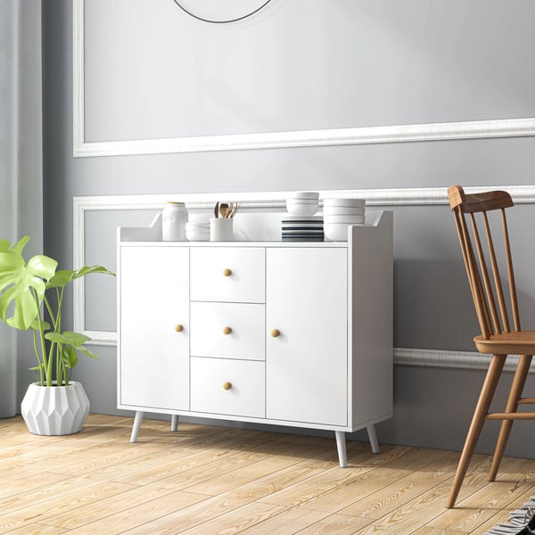 Sideboard för vardagsrum - Skänk - 2 Dörrar - 3 Lådor - 90x32x80 cm - Melamin - Modern minimalistisk - Vit
