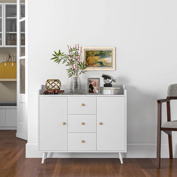 Sideboard för vardagsrum - Skänk - 2 Dörrar - 3 Lådor - 90x32x80 cm - Melamin - Modern minimalistisk - Vit