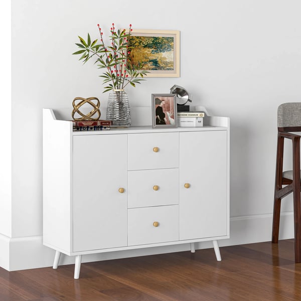 Sideboard för vardagsrum - Skänk - 2 Dörrar - 3 Lådor - 90x32x80 cm - Melamin - Modern minimalistisk - Vit