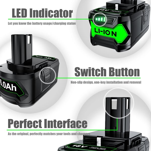 Ryobi One+ 18V Li-ion, batteriadapter, 6A, sort, kompatibel med P107 RB18L50 RB18L20 P108