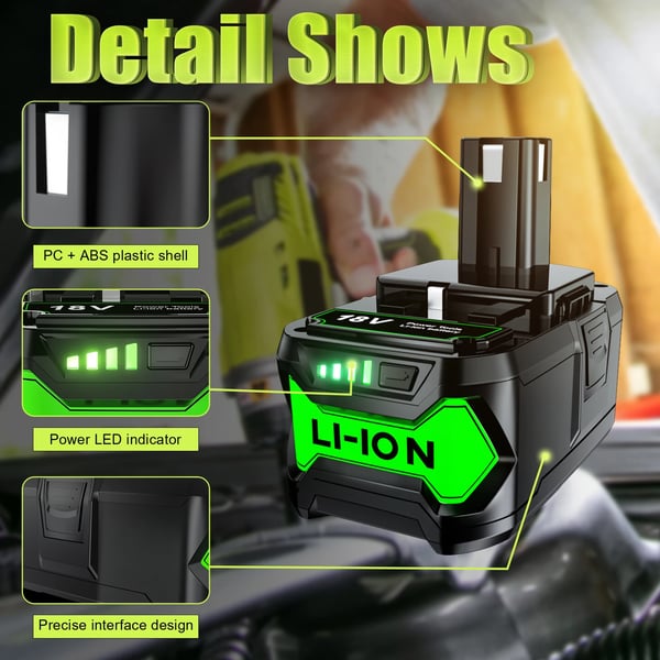 Ryobi One+ 18V Li-ion, batteriadapter, 6A, sort, kompatibel med P107 RB18L50 RB18L20 P108