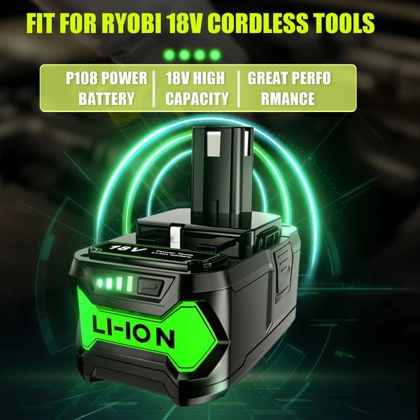 Ryobi One+ 18V Li-ion, batteriadapter, 6A, sort, kompatibel med P107 RB18L50 RB18L20 P108