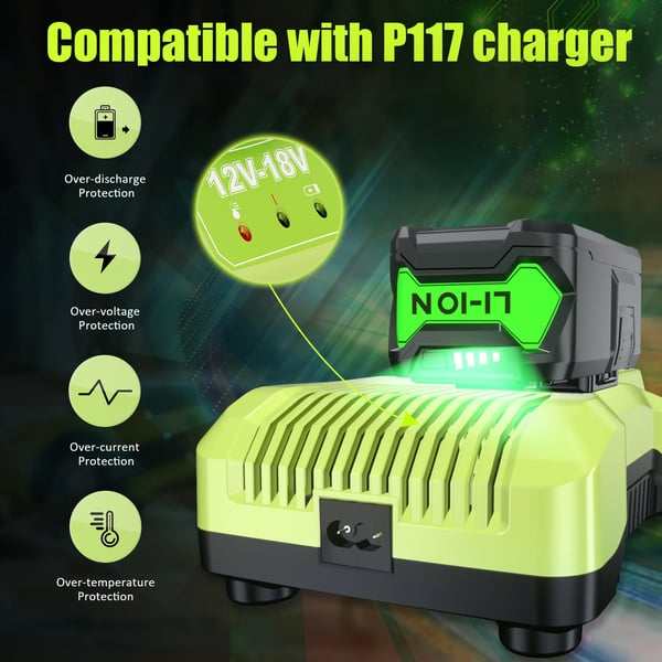 Ryobi One+ 18V Li-ion, batteriadapter, 6A, sort, kompatibel med P107 RB18L50 RB18L20 P108