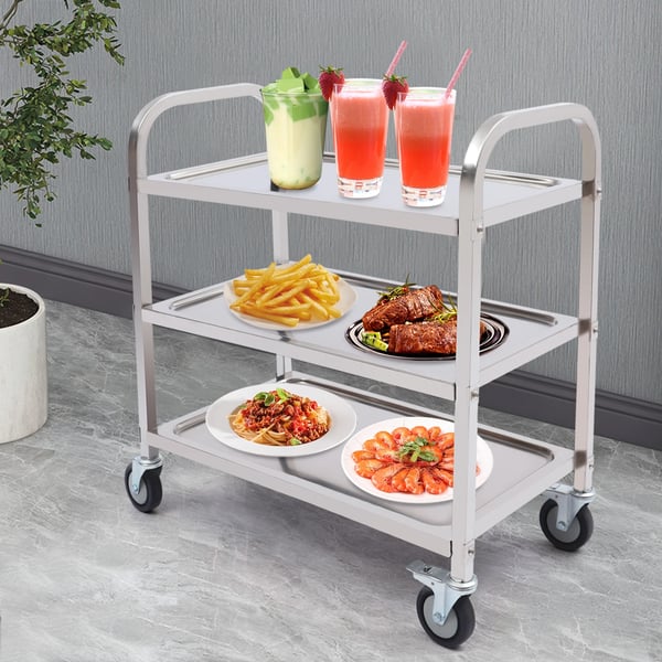 Køkkenvogn - Serveringsvogn - 3 Hylder - Rustfrit Stål - 85×45×90 cm - 4 Svingbare Hjul - Samling Kræves - Sølv