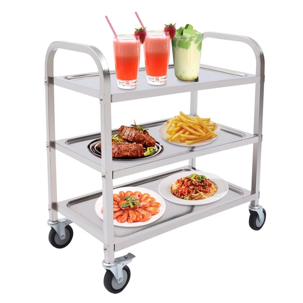 Køkkenvogn - Serveringsvogn - 3 Hylder - Rustfrit Stål - 85×45×90 cm - 4 Svingbare Hjul - Samling Kræves - Sølv