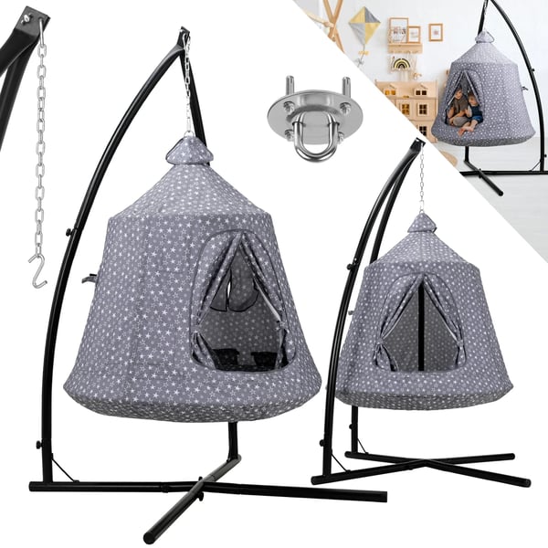 Hängstol för barn - Hänggunga med stativ - Stålram - Inne & ute - 1 person - Max 150 kg - 112×112×213 cm - Montering krävs - Ljusgrå