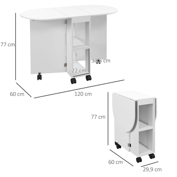 Fällbart bord - Matbord - Med hjul - 120x60x77 cm - Oval form - Melamin - Max 80 kg - Vit