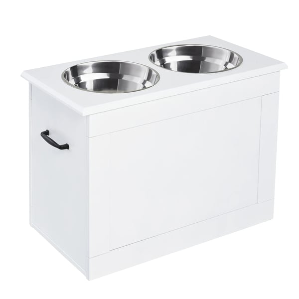 Hundmatstation - Upphöjt skålställ - 2 skålar, Trä, 4 l, 60×30×41 cm - Vit