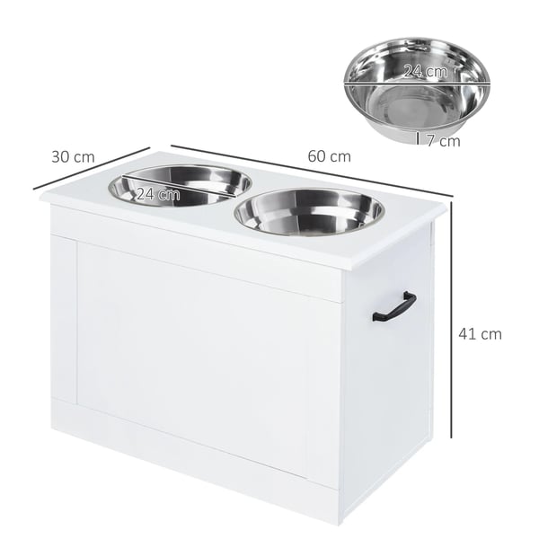 Hundmatstation - Upphöjt skålställ - 2 skålar, Trä, 4 l, 60×30×41 cm - Vit