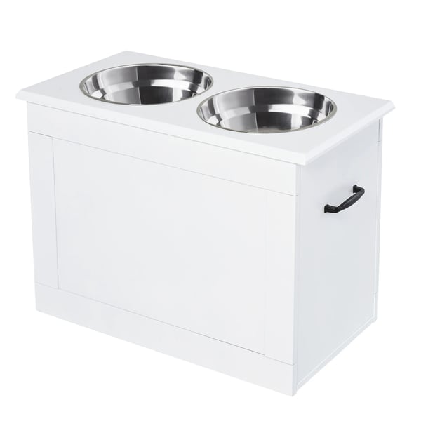 Hundmatstation - Upphöjt skålställ - 2 skålar, Trä, 4 l, 60×30×41 cm - Vit