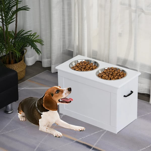 Hundmatstation - Upphöjt skålställ - 2 skålar, Trä, 4 l, 60×30×41 cm - Vit