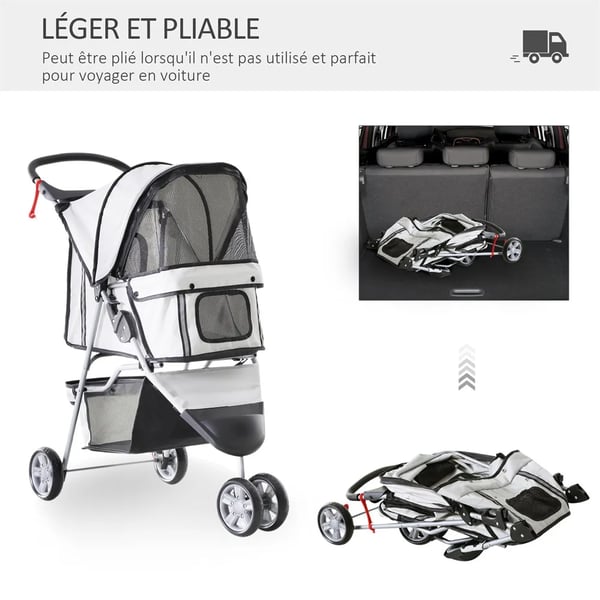 Hundvagn Hundbuggy - Hopfällbar - Metallram - Med Hjul - 75x45x97 cm - För Medelstora Hundar - Grå