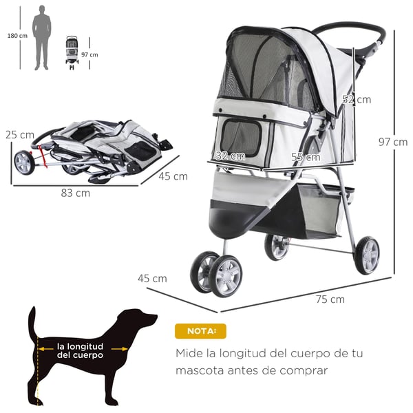 Hundvagn Hundbuggy - Hopfällbar - Metallram - Med Hjul - 75x45x97 cm - För Medelstora Hundar - Grå