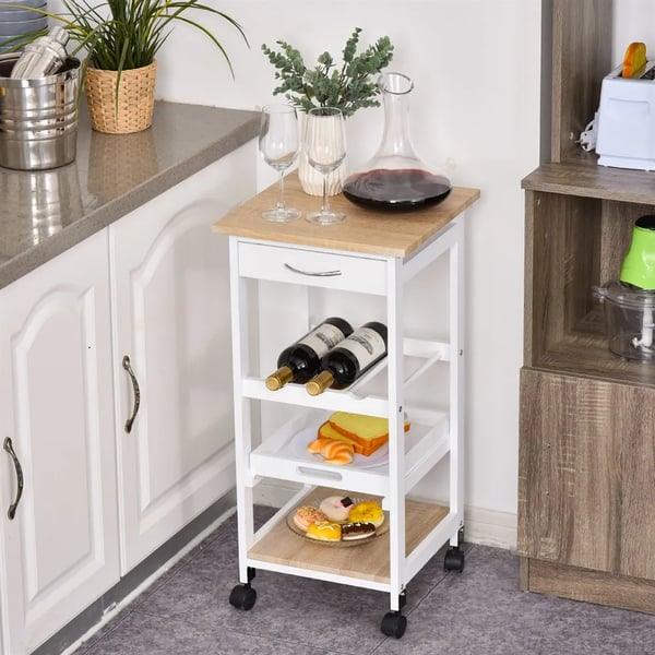 Köksvagn - Serveringsvagn 4 hyllor - Med hjul - Låda - Bricka - 37×37×76 cm - Montering krävs - Vit