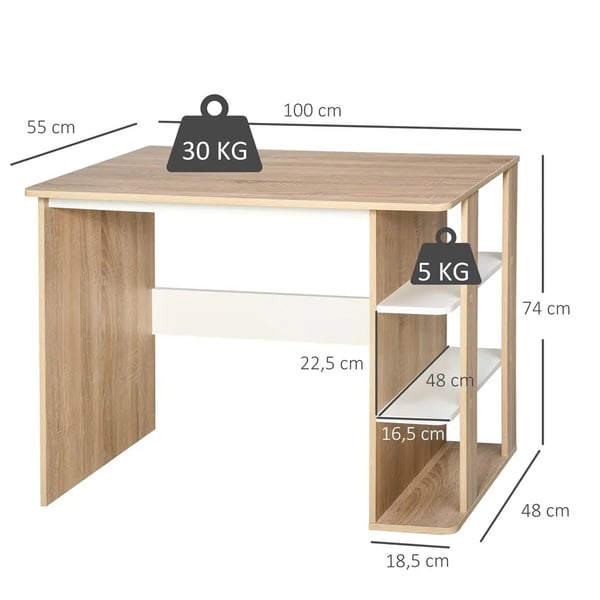 Skrivbord med hyllor - Datorbord - 3 hyllplan, 100 x 55 x 74 cm, rektangulär form, träbordsskiva, max 30 kg, montering krävs