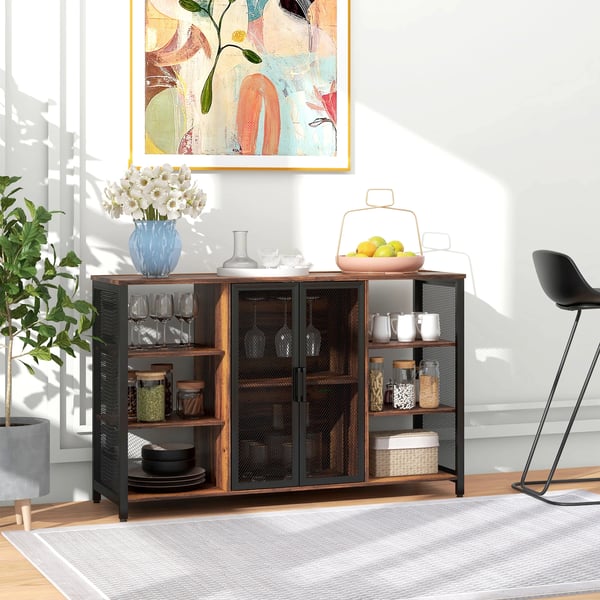 Köksskänk i industristil - Sideboard - 6 öppna hyllor - 120x40x76 cm - Melamin & stål - Rustik brun