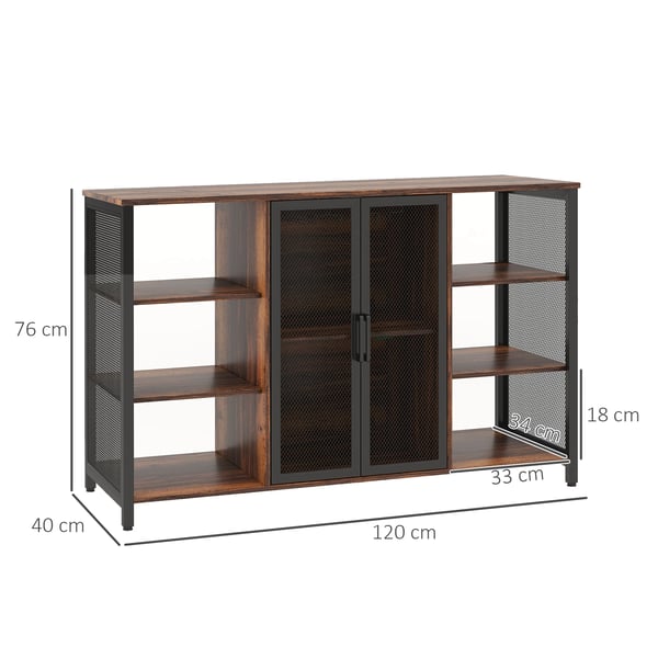 Köksskänk i industristil - Sideboard - 6 öppna hyllor - 120x40x76 cm - Melamin & stål - Rustik brun