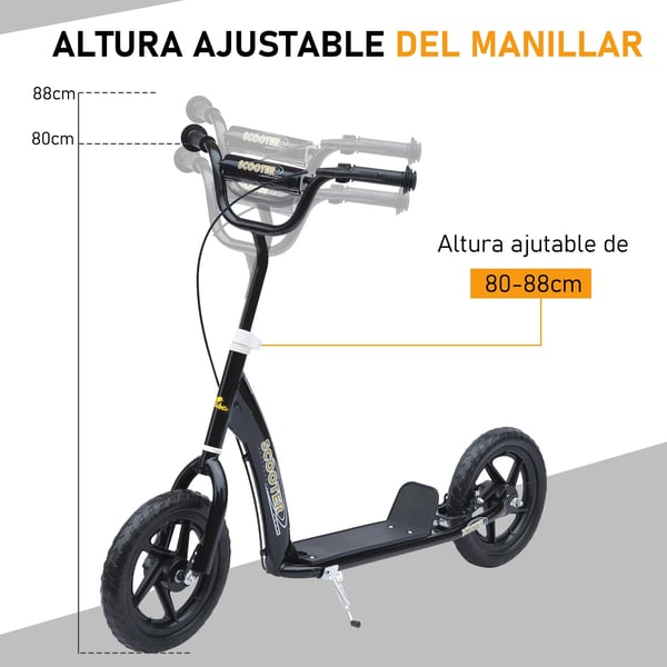 Barnsparkcykel - Kick-scooter - 30 cm hjul - Höj- och sänkbart styre - Broms - För 5–12 år - Svart