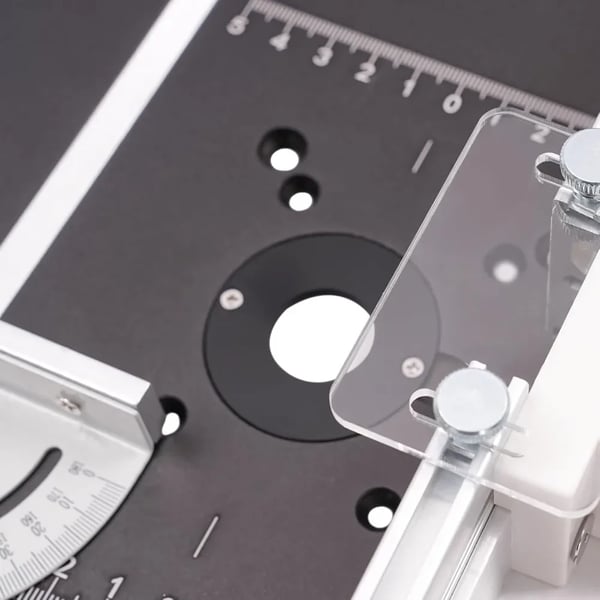 Fræsebord indlægsplade, aluminiumlegering, 180° roterende geringsanslag, til overfræsere, affasning, sort