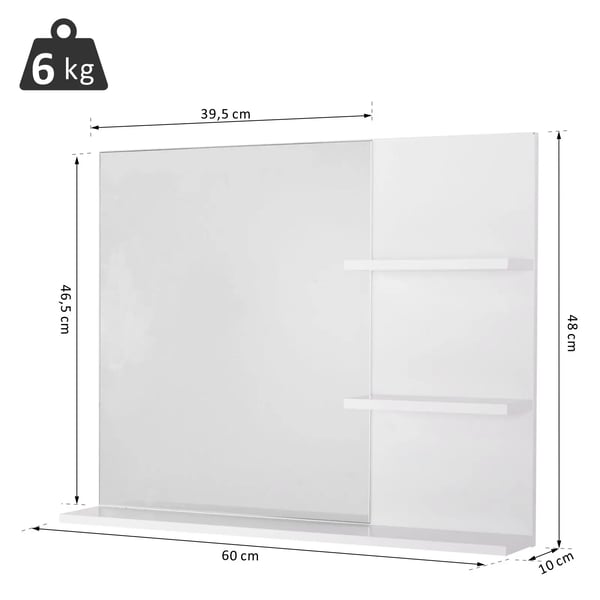 Badrumsspegel - Vägghängd spegel - 3 integrerade hyllor - 60×10×48 cm - Montering krävs - Vit